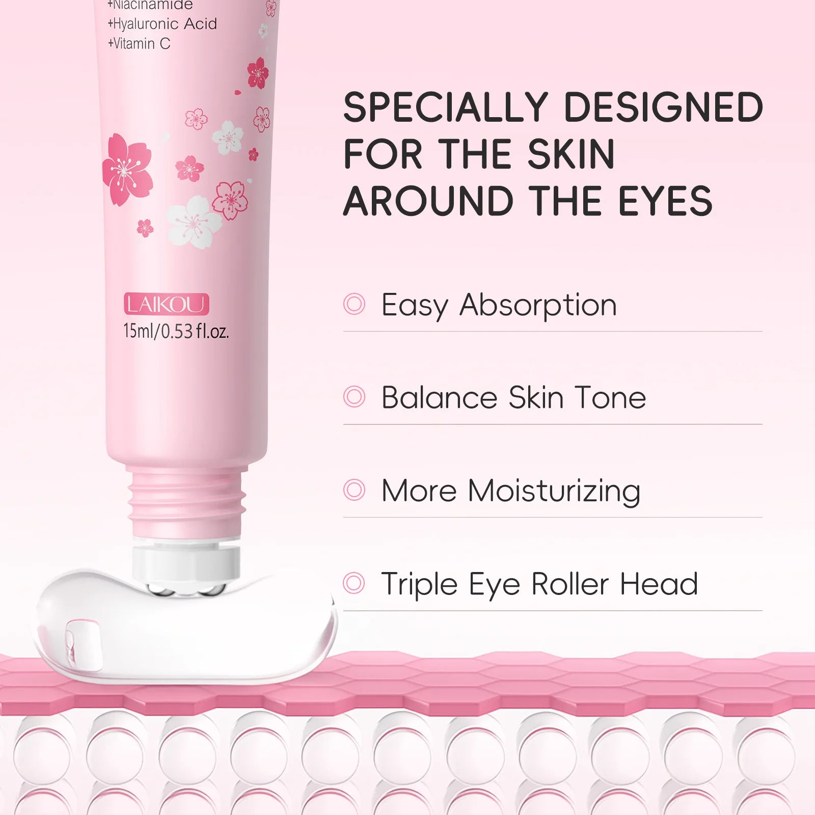 LAIKOU Sakura Eye Serum Roller Massage Hyaluronic Acid Skin Care Eye Bags Cream Moisturizing Dark Circles 15ml