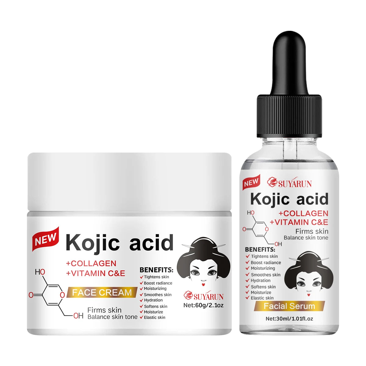 SUYARUN Kojic Acid Serum & Cream Bundle - Brightening Set for Dark Spots, Acne Scars, Anti-Aging | 2-in-1 Skincare Combo.